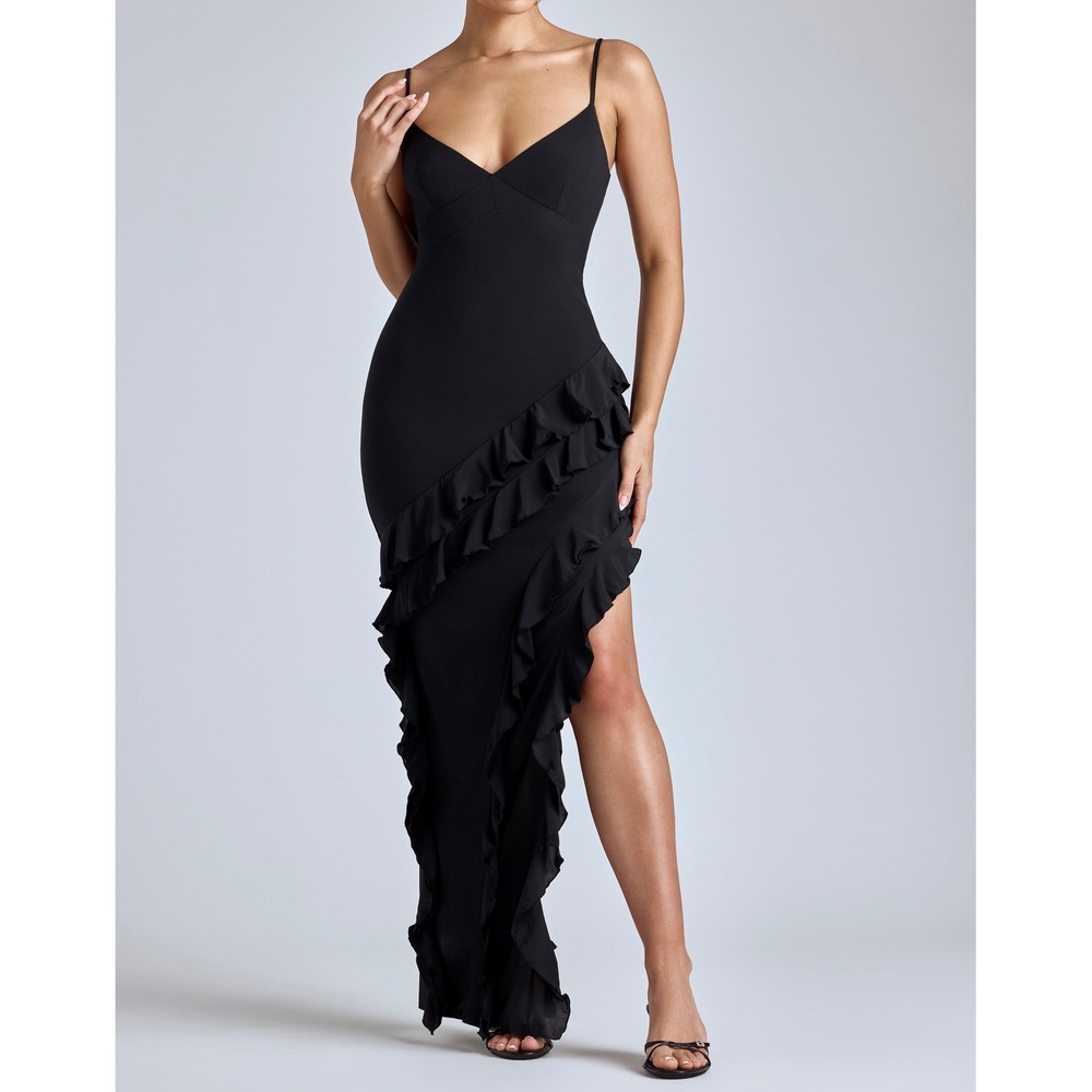 Oh Polly Black Asymmetrical Ruffle Maxi Dress V-Neck‎ High Slit Formal Gown US 0
